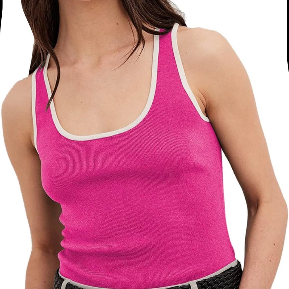 Vibrant Pink Fitted Tank Top with White Trim